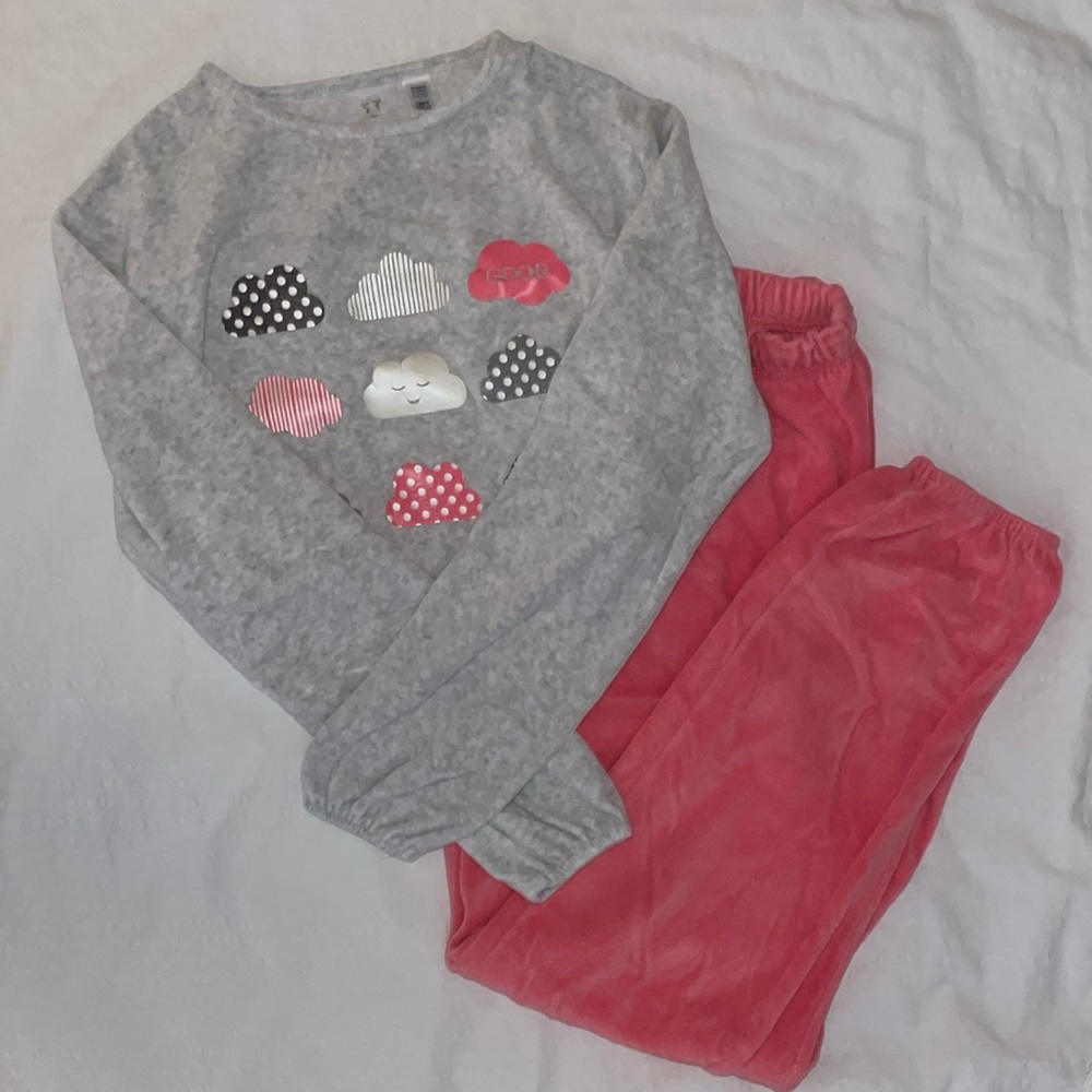 Okaidi Grey and Pink Clouds Velour Children’s Pajama Set